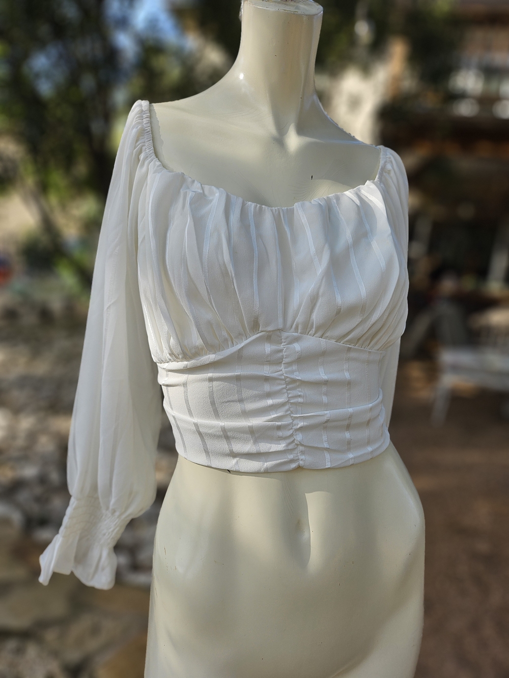White Polyester Ruched Puff-Sleeve Square Neckline Cropped Blouse Small